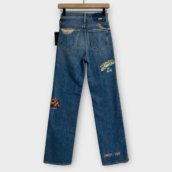 NWT MOTHER The Rambler Sneak Embroidered Straight Leg Jeans Bohemian Boho 24